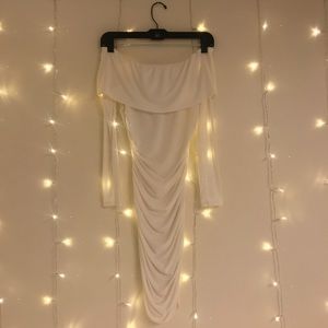 White Off The Shoulder Long Sleeve Ruched Dress